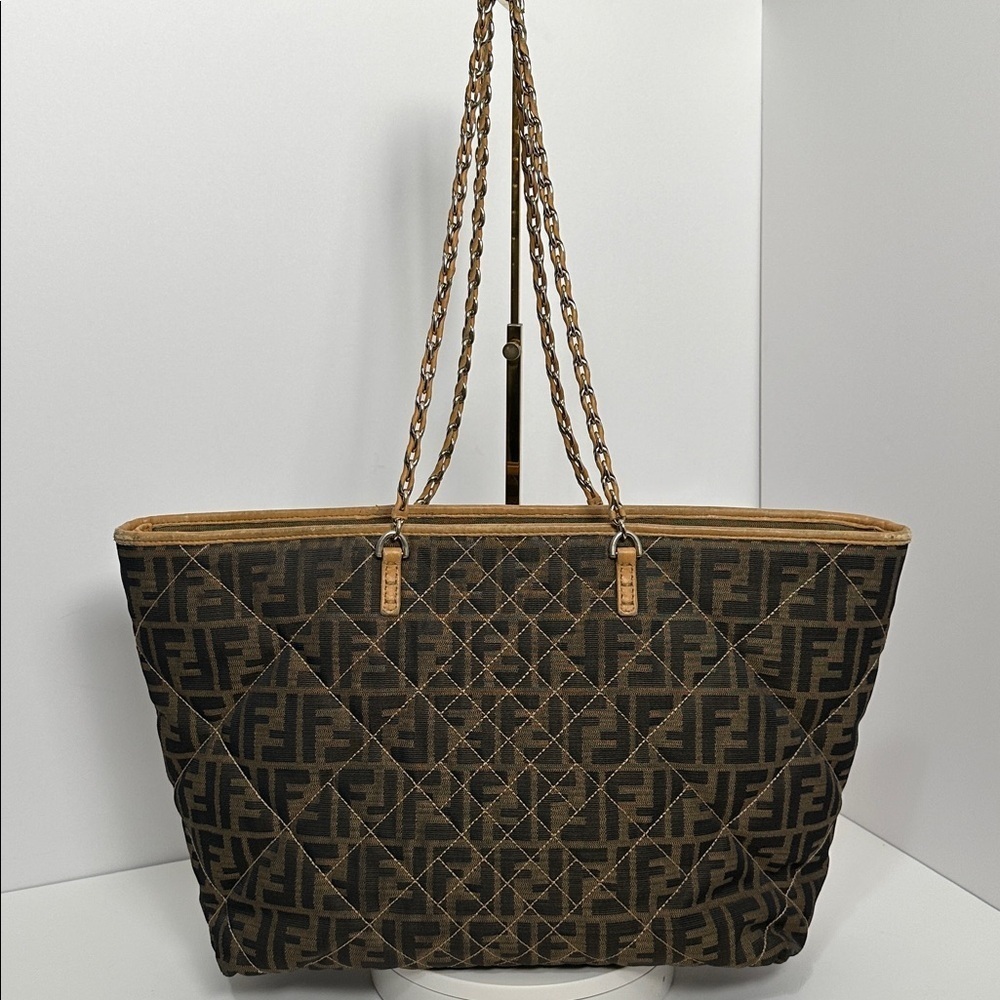 💯Authentic Fendi Brown Zucca Quilted Nylon Large Roll Tote🍀